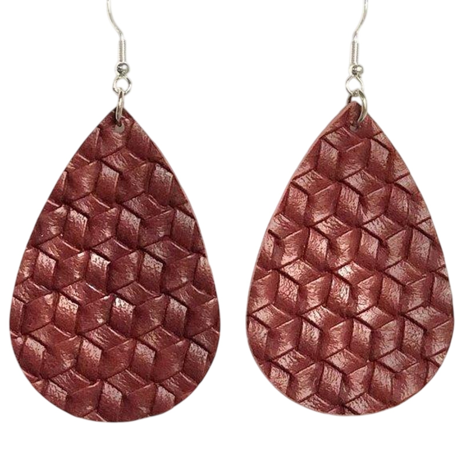 New Boutique Lightweight Maroon Faux Leather Weave Teardrop Hook Earrings